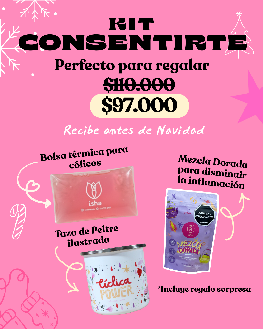 KIT CONSENTIRTE: Bolsa térmica para cólicos + Mezcla dorada + Taza de peltre