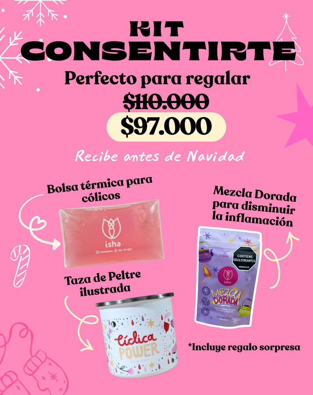 KIT CONSENTIRTE: Bolsa térmica para cólicos + Mezcla dorada + Taza de peltre