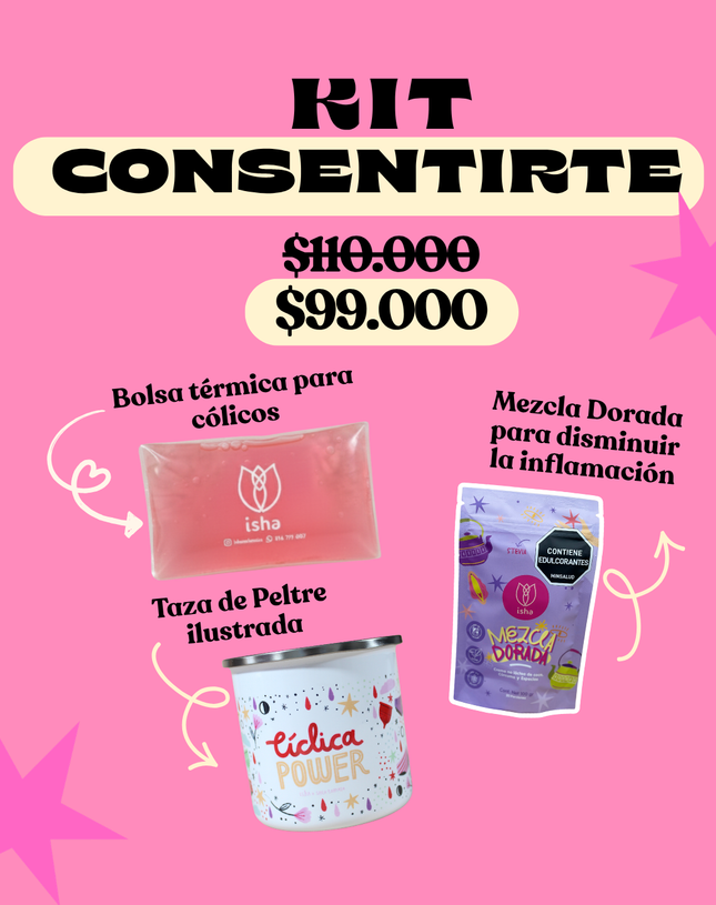 KIT CONSENTIRTE: Bolsa térmica para cólicos + Mezcla dorada + Taza de peltre