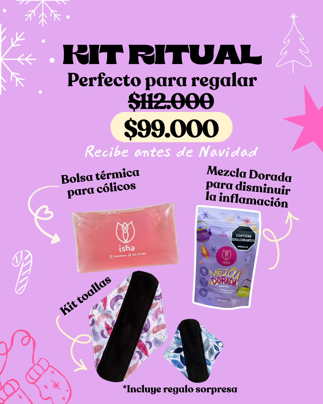 KIT RITUAL: Bolsa térmica para cólicos + MEZCLA DORADA + 2 Toallas menstruales