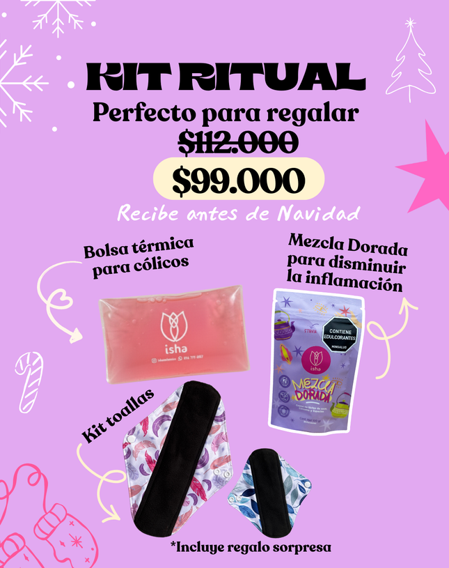 KIT RITUAL: Bolsa térmica para cólicos + MEZCLA DORADA + 2 Toallas menstruales