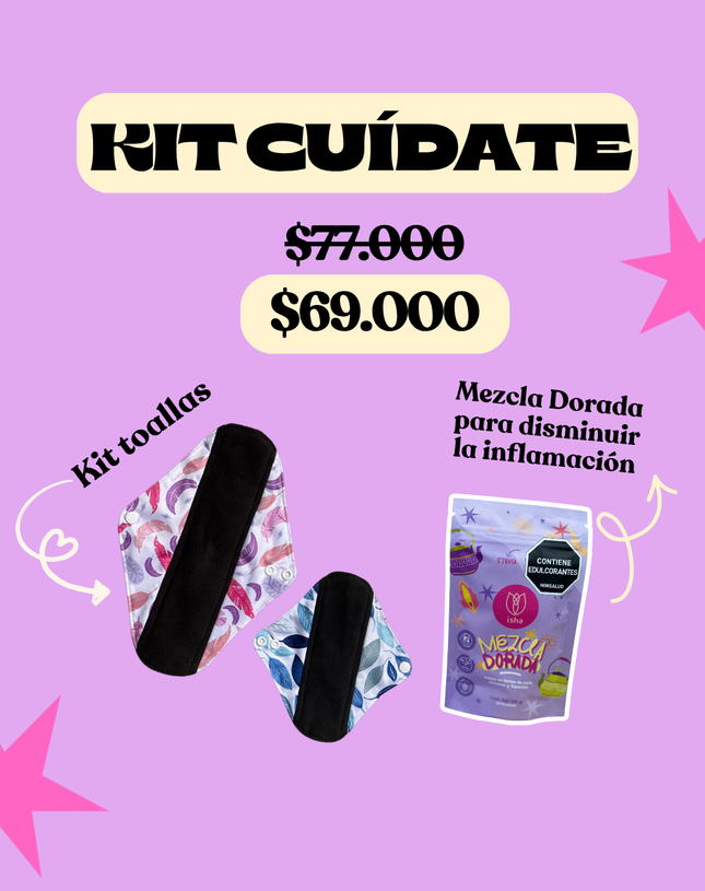 KIT CUÍDATE: 2 TOALLAS (1flujo medio+ 1 flujo abundante) + MEZCLA DORADA