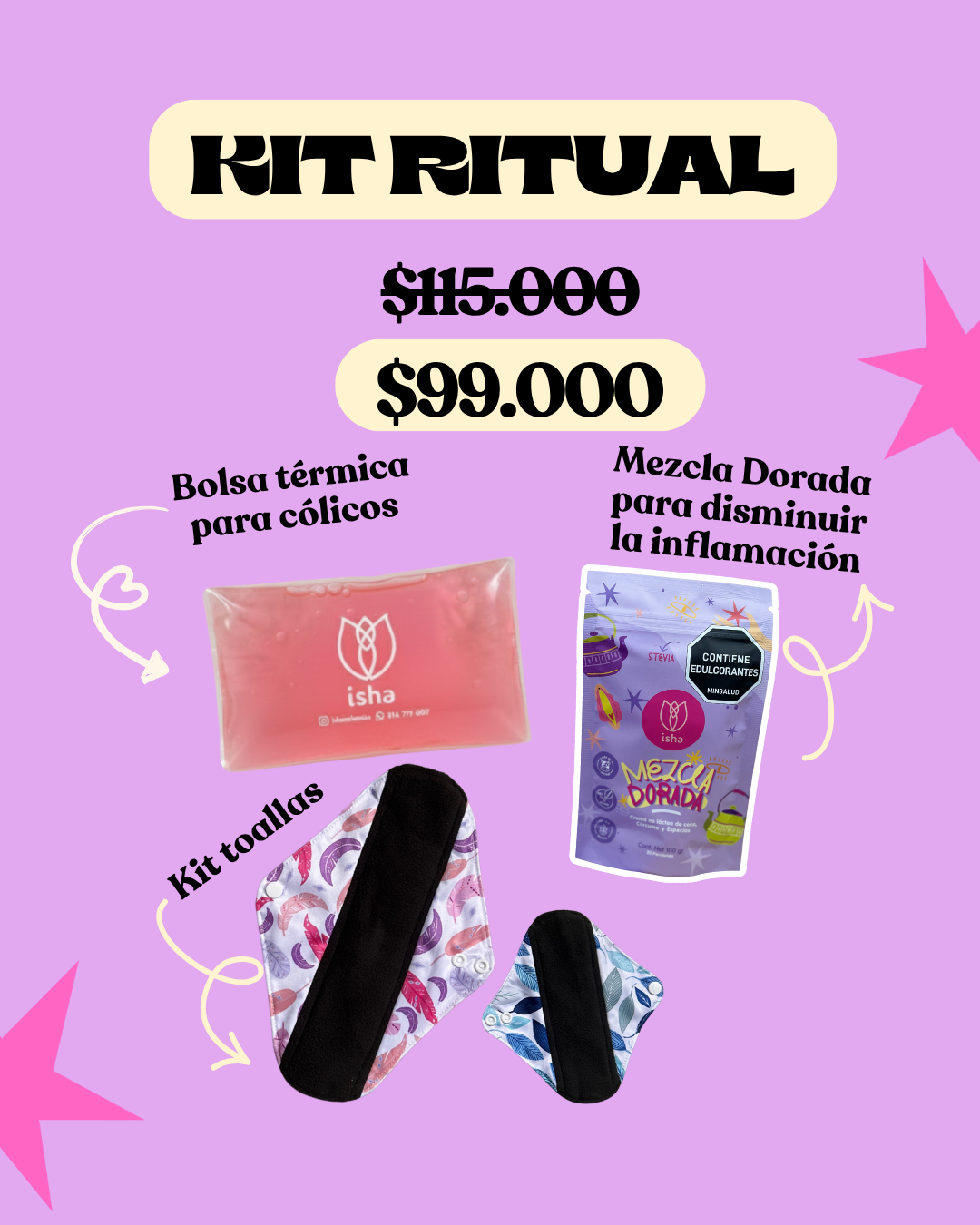 KIT RITUAL: Bolsa térmica para cólicos + MEZCLA DORADA + 2 Toallas menstruales