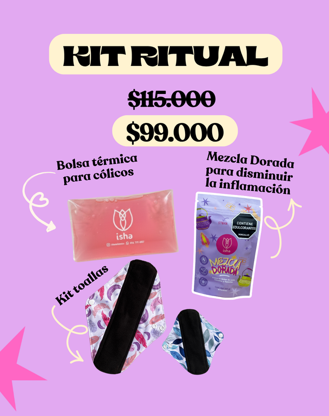 KIT RITUAL: Bolsa térmica para cólicos + MEZCLA DORADA + 2 Toallas menstruales