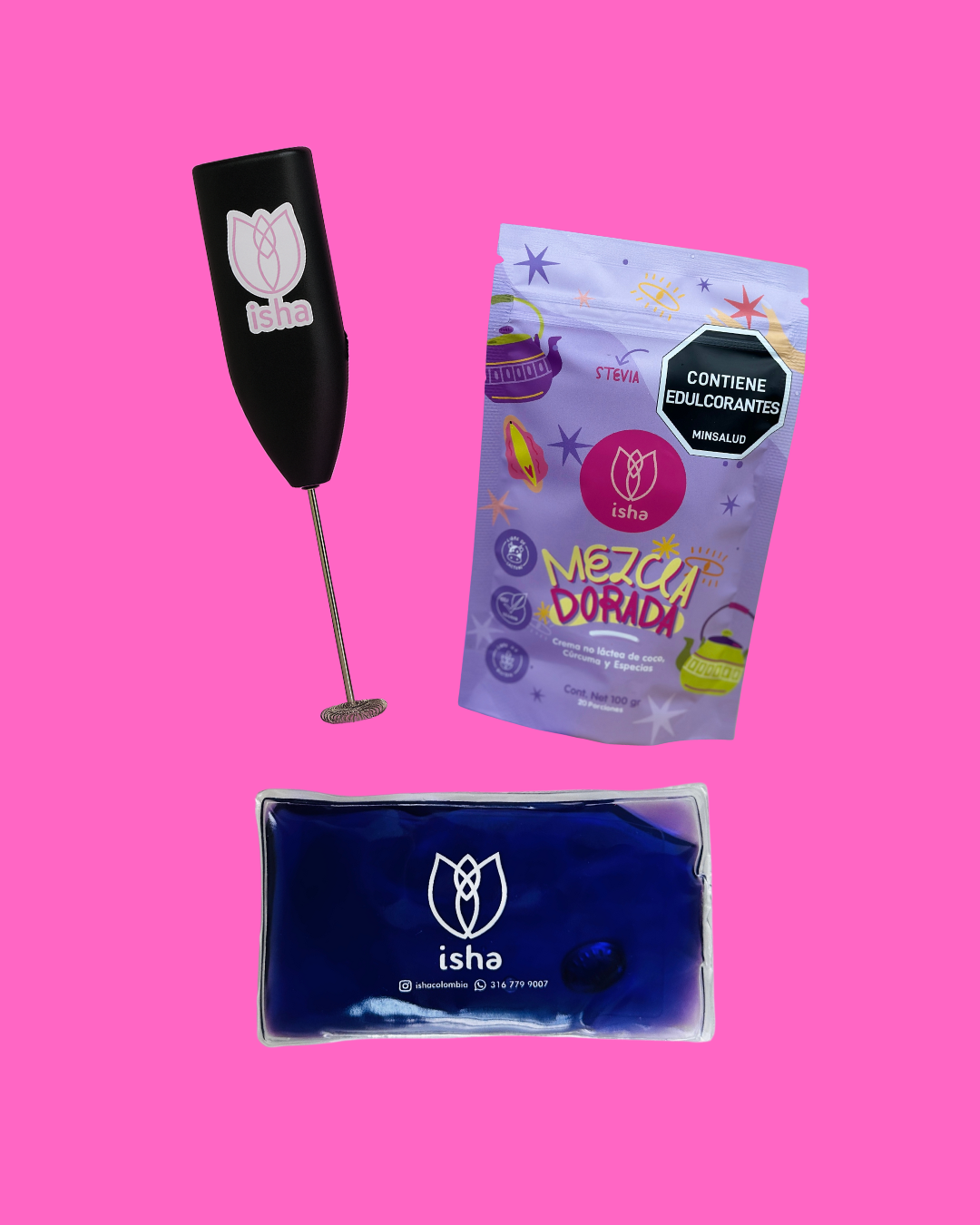 KIT RITUAL ANTIINFLAMATORIO: Mezcla dorada + shaker eléctrico + bolsa térmica