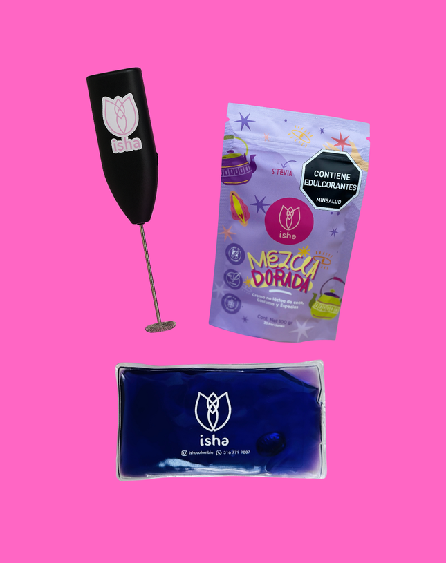 KIT RITUAL ANTIINFLAMATORIO: Mezcla dorada + shaker eléctrico + bolsa térmica